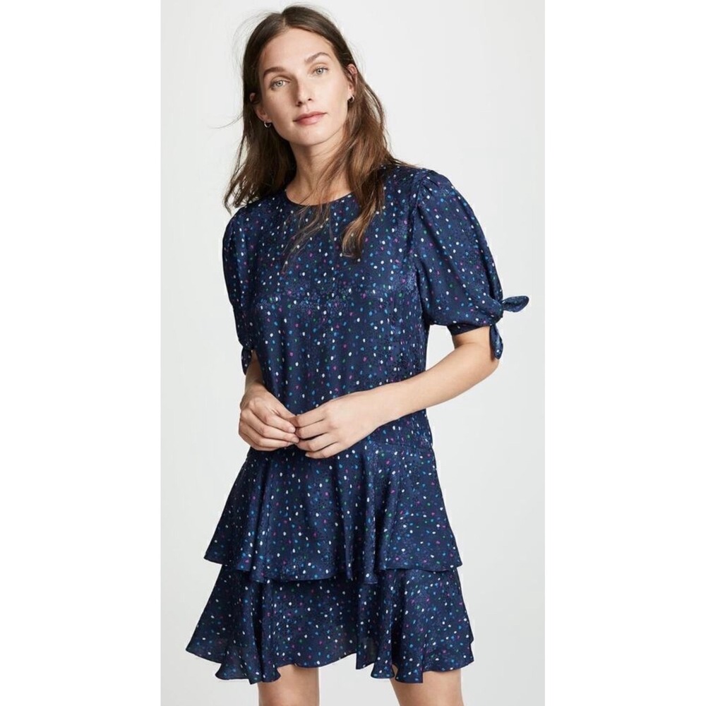 Rebecca Taylor Speckled Dot Silk Mini Dress Navy Blue Tiered Ruffle 2